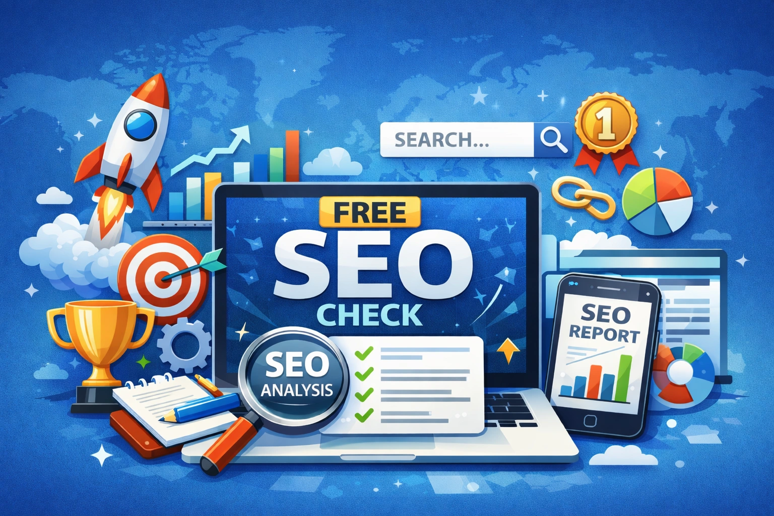 Free SEO check tool dashboard illustration with laptop, SEO analysis report, growth charts, rocket launch, and digital marketing icons representing website optimization and ranking improvement.
